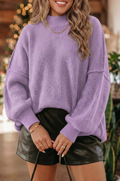 Solid Color Mock Neck Oversized Tunic Sweater: Orchid Bouquet / 52%Viscose+26%Polyester+22%Polyamide / L