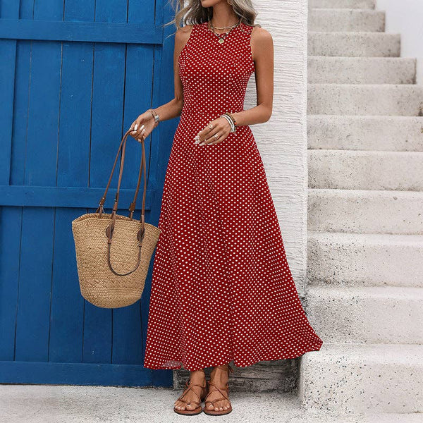 Women Tie Backless Polka Dot Sleeveless Summer Maxi Dress: Black / M