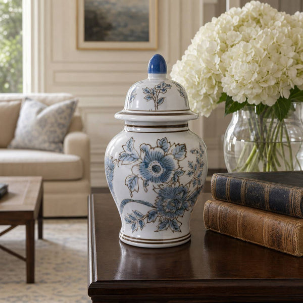 10x6" Floral Temple Jar, Brown/blue