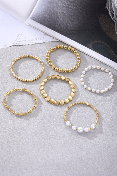 Gold Pearl Beaded Minimalist Multi Layer Elastic Bracelets: Gold / 60%Regenerated Fibre+40%Polyester / ONE SIZE