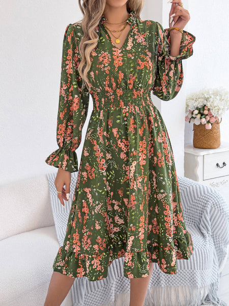 Floral Print Smocked Waist Long Sleeve Midi Dress: Green / XL