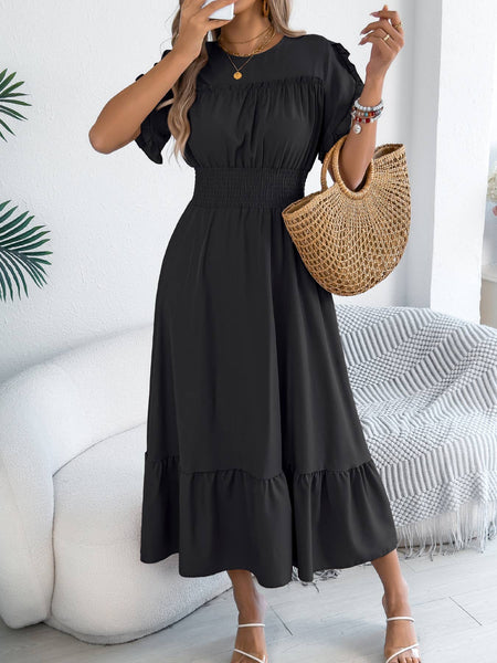 Smocked Waist Ruffle Sleeve Midi Dress: Black / L