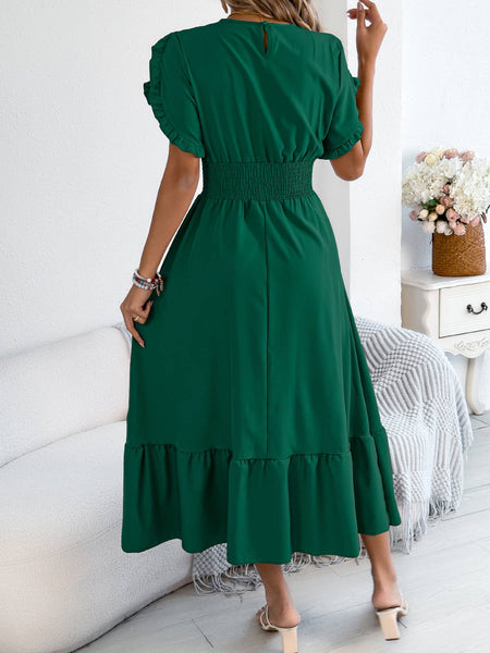 Smocked Waist Ruffle Sleeve Midi Dress: Black / S