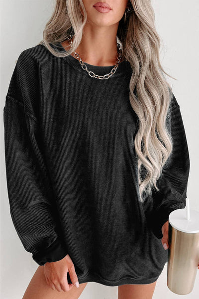 Round Neck Solid Ribbed Knit Pullover Sweatshirt: Khaki / 100%Polyester / L
