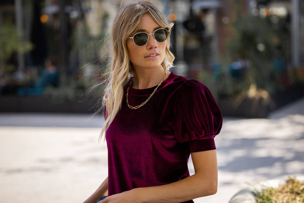 Velvet Short Puff Sleeve Sweater Knit Top: Wine / Large