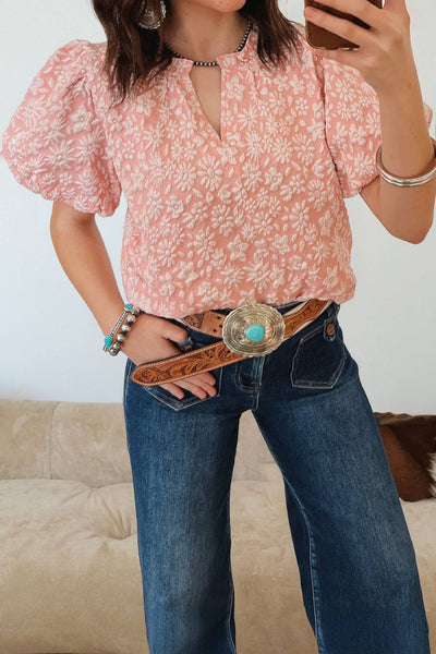 Spring 2026 Western Floral Textured V Neck Blouse: Iceland Blue / M