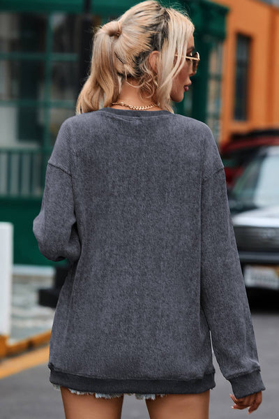 Round Neck Solid Ribbed Knit Pullover Sweatshirt: Khaki / 100%Polyester / L