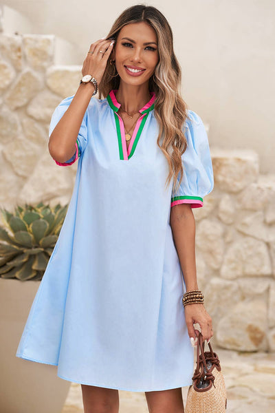 Dress Striped Detail Notched Neck Puff Sleeve Dress: / M