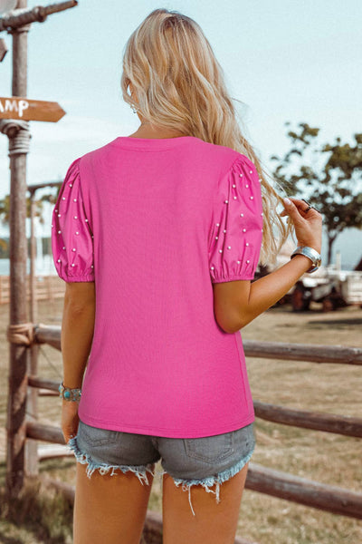 Fashion St. Patrick's Ribbed Pearl Beaded Puff Sleeve Top: Green / Missy / L