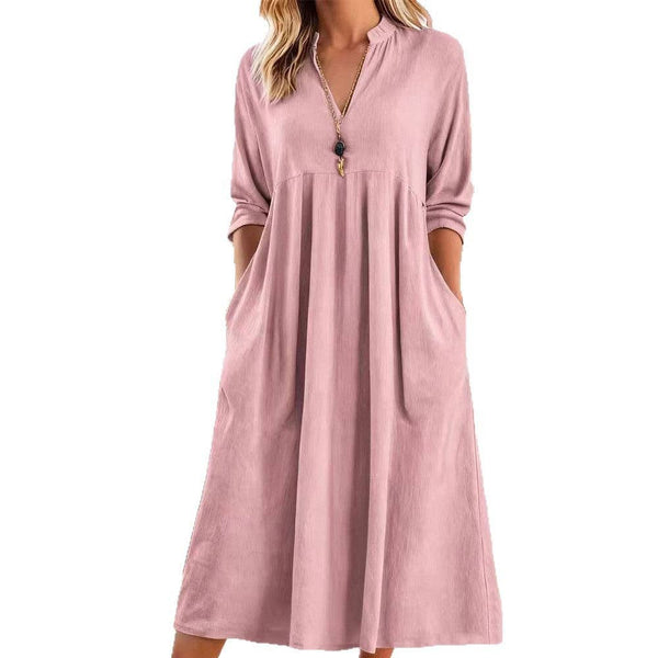 Solid Color Long Sleeve V Neck Pocket Dress: Khaki / L