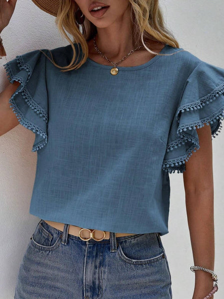 Crewneck Loose Lace Ruffle Short-Sleeved T-Shirt Top: Black