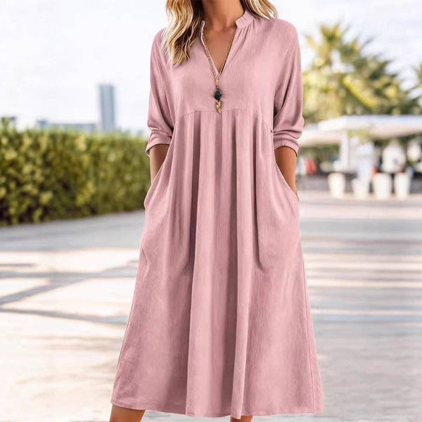 Solid Color Long Sleeve V Neck Pocket Dress: Khaki / L
