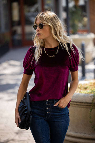 Velvet Short Puff Sleeve Sweater Knit Top: Wine / Large