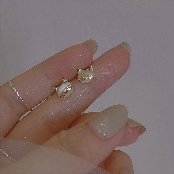 Cute Mini Opal Cat Stud Earrings in 925 Sterling Silver: Silver