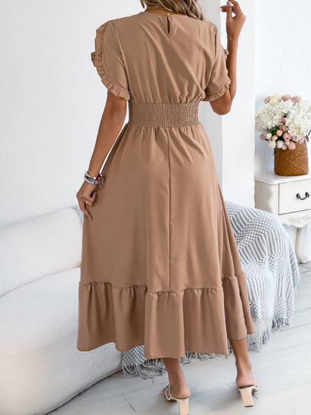 Smocked Waist Ruffle Sleeve Midi Dress: Black / XL