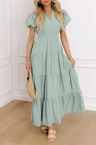 Solid V Neck Short Puff Sleeve Tiered Maxi Dress | S-XL: Bright Green / L