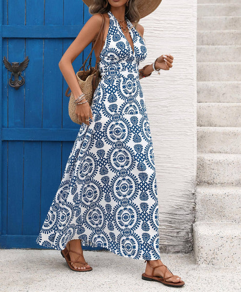 Sleeveless Halter Maxi Dress with Deep V Neck Printed Patter: Blue / M
