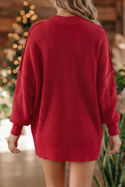 Solid Color Mock Neck Oversized Tunic Sweater: Red Dahlia / 52%Viscose+26%Polyester+22%Polyamide / M