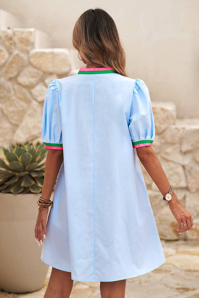 Dress Striped Detail Notched Neck Puff Sleeve Dress: / M