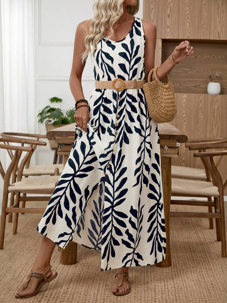 Sleeveless Printed Maxi Dress with Belt Button Front Detail Round Neck and Flowy Silhouette: Navy / Medium 8-10