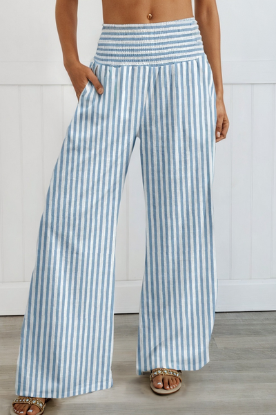 BLUE STRIPE Shirred High Waist Loose Summer Pants Sky Blue -S