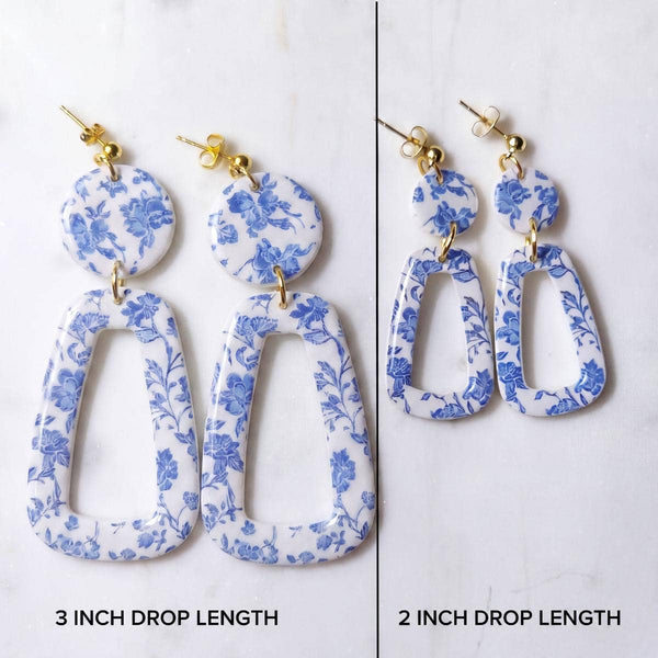Blue Chinoiserie Polymer Clay Toile Dangle Earrings: 2
