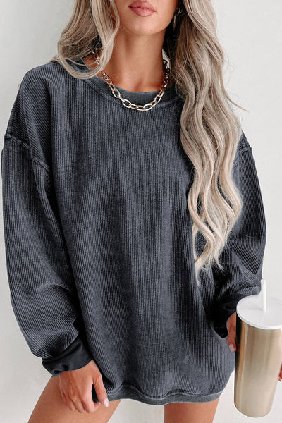 Round Neck Solid Ribbed Knit Pullover Sweatshirt: Khaki / 100%Polyester / L