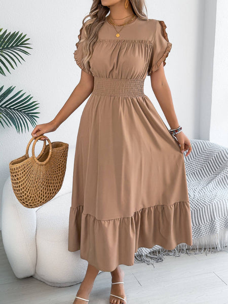 Smocked Waist Ruffle Sleeve Midi Dress: Black / L