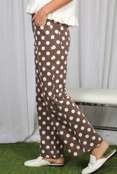 Polka Dot Straight Leg Cotton Denim Span Pants VP83369B: Brown / L