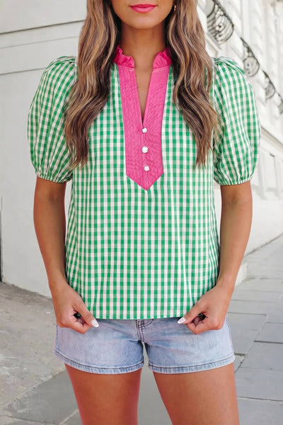 Plaid Print Bubble Sleeve Trim V Neck Blouse | S