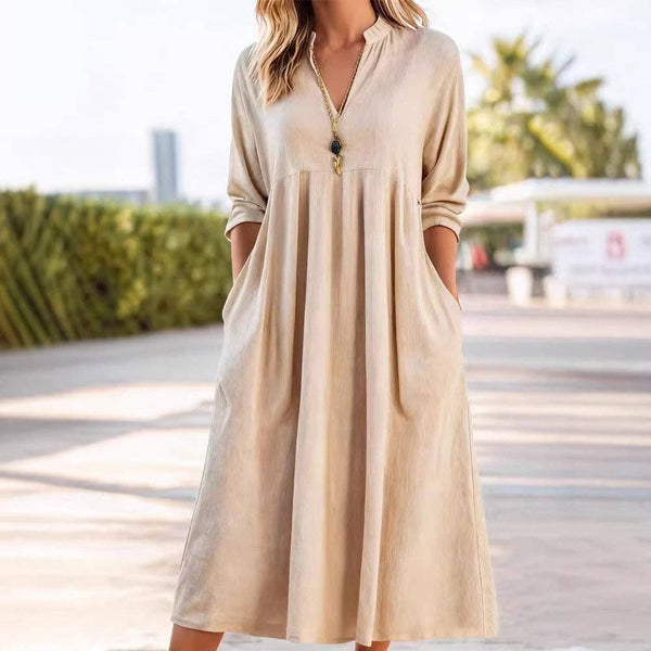 Solid Color Long Sleeve V Neck Pocket Dress: Khaki / S