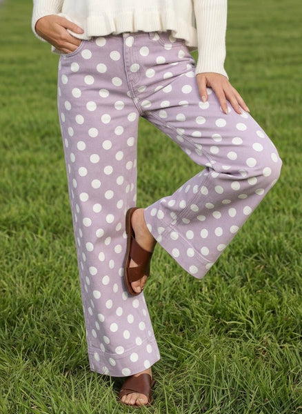 Polka Dot Straight Leg Cotton Denim Span Pants VP83369B: Brown / M