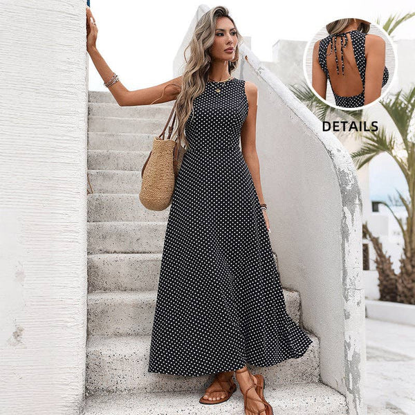 Women Tie Backless Polka Dot Sleeveless Summer Maxi Dress: Black / M