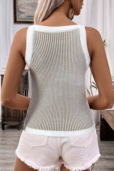 Contrast Trim Ribbed Knit Sweater Tank Top: Pale Khaki / M