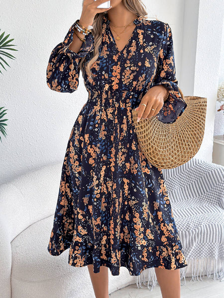 Floral Print Smocked Waist Long Sleeve Midi Dress: Green / XL