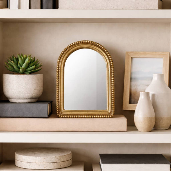 Table Top Mirror - Gold Glass Glam Beaded Arch Framed, 8 in.