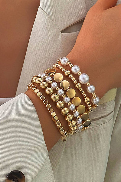 Gold Pearl Beaded Minimalist Multi Layer Elastic Bracelets: Gold / 60%Regenerated Fibre+40%Polyester / ONE SIZE