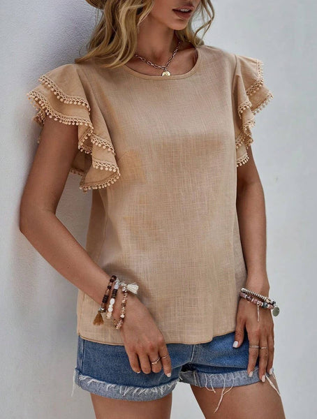 Crewneck Loose Lace Ruffle Short-Sleeved T-Shirt Top: Black