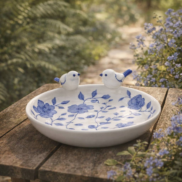 10x9" Floral Cinoiserie Bird Bath, Blue/white