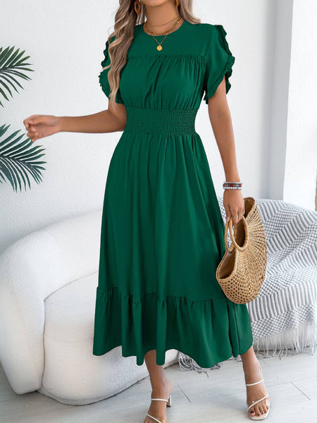 Smocked Waist Ruffle Sleeve Midi Dress: Black / S