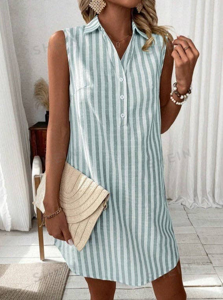 Sleeveless V Neck Button Down Striped Shirt Dress: Claret / S