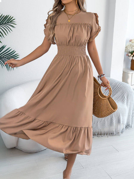 Smocked Waist Ruffle Sleeve Midi Dress: Black / M