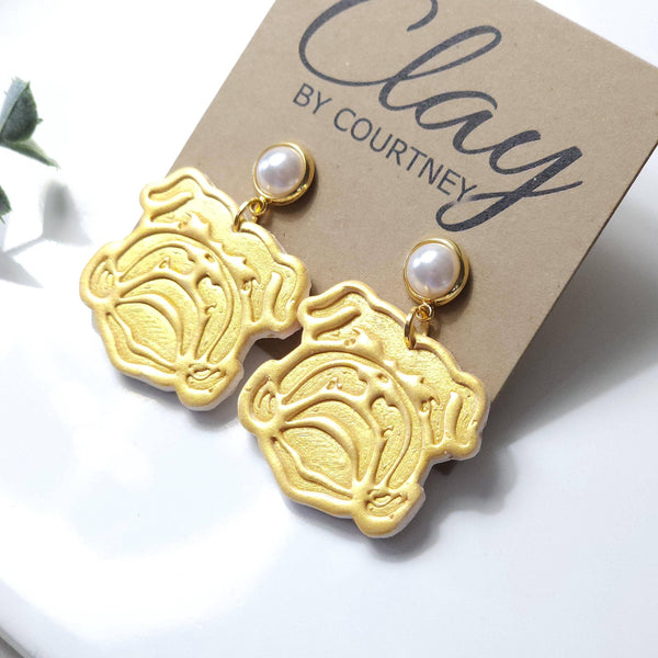 Handcrafted Bulldog Dangle Earring: Gold