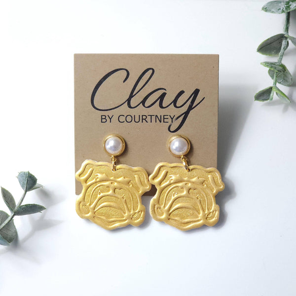 Handcrafted Bulldog Dangle Earring: Gold