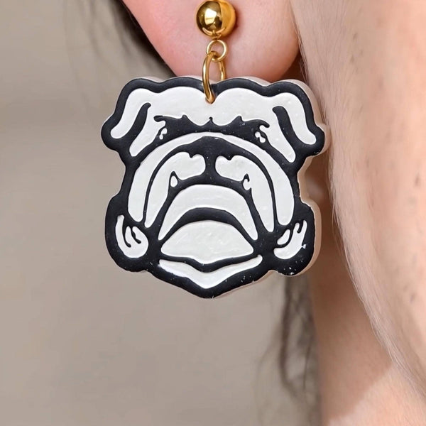 Handcrafted Bulldog Dangle Earring: Gold