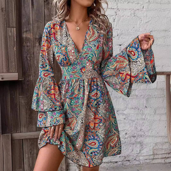 Women's Floral Print V-Neck Flared Sleeve Dress: Suit color / S