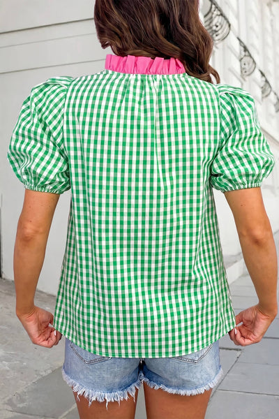 Plaid Print Bubble Sleeve Trim V Neck Blouse | S