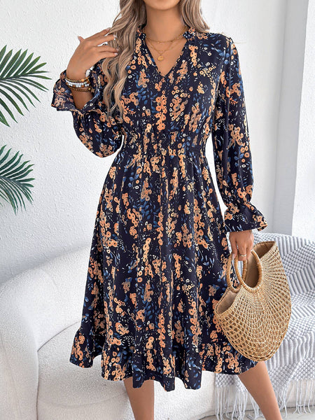 Floral Print Smocked Waist Long Sleeve Midi Dress: Green / S