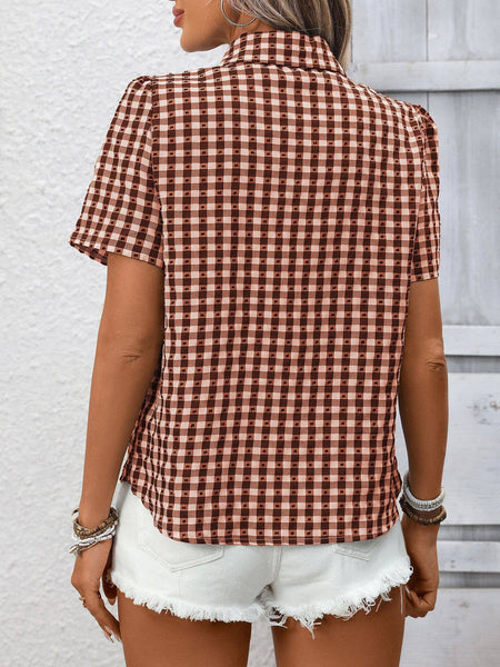 Gingham Button Front Short Sleeve Shirt: Navy / L