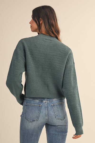 Ribbed Textured Sculpted Button Cropped Cardigan: TEAL / 2-2-2-2(S-M-L-XL)